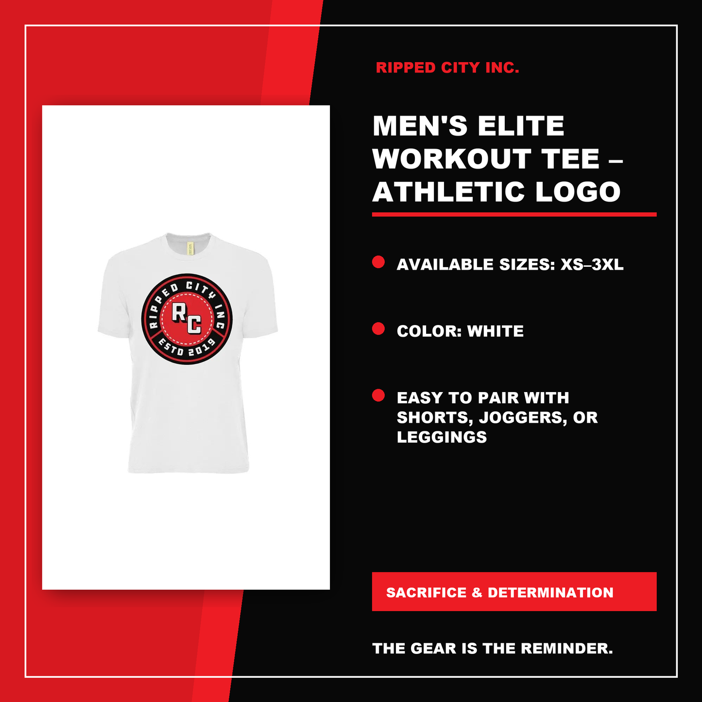 Men's Elite Workout Tee – Athletic Logo Shirt product details with current Ripped City product image, available options and verified listing information - Ripped City Inc premium gym apparel