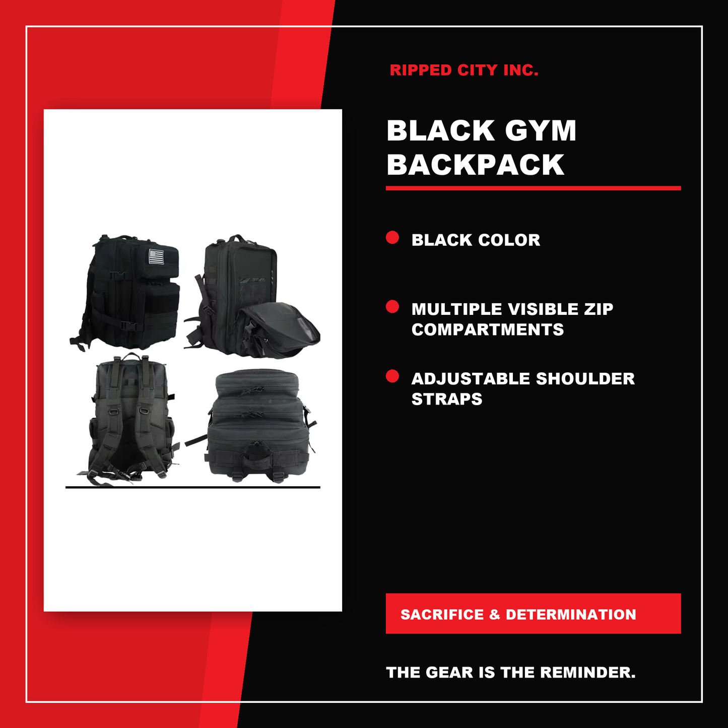 Black Gym Backpack product details with current Ripped City product image, available options and verified listing information - Ripped City Inc premium gym apparel
