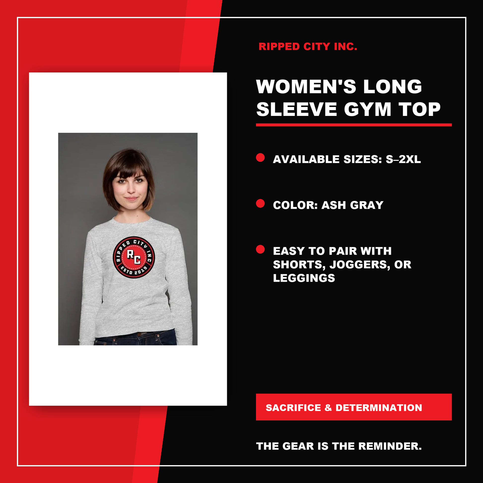 Women's Long Sleeve Gym Top product details with current Ripped City product image, available options and verified listing information - Ripped City Inc premium gym apparel