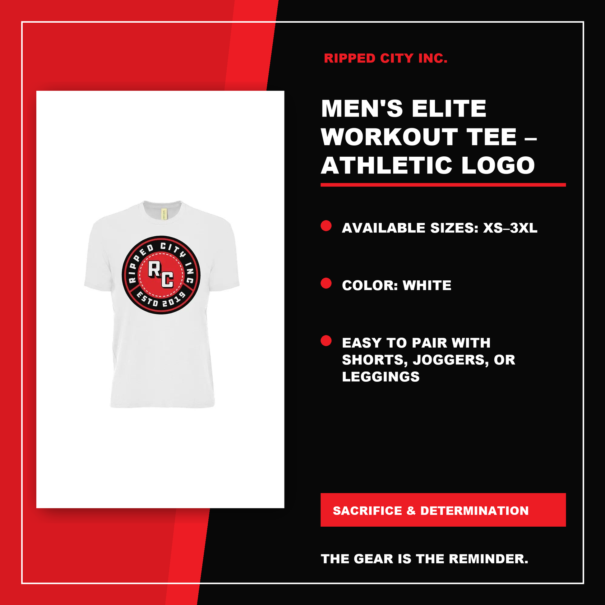 Men's Elite Workout Tee – Athletic Logo Shirt product details with current Ripped City product image, available options and verified listing information - Ripped City Inc premium gym apparel