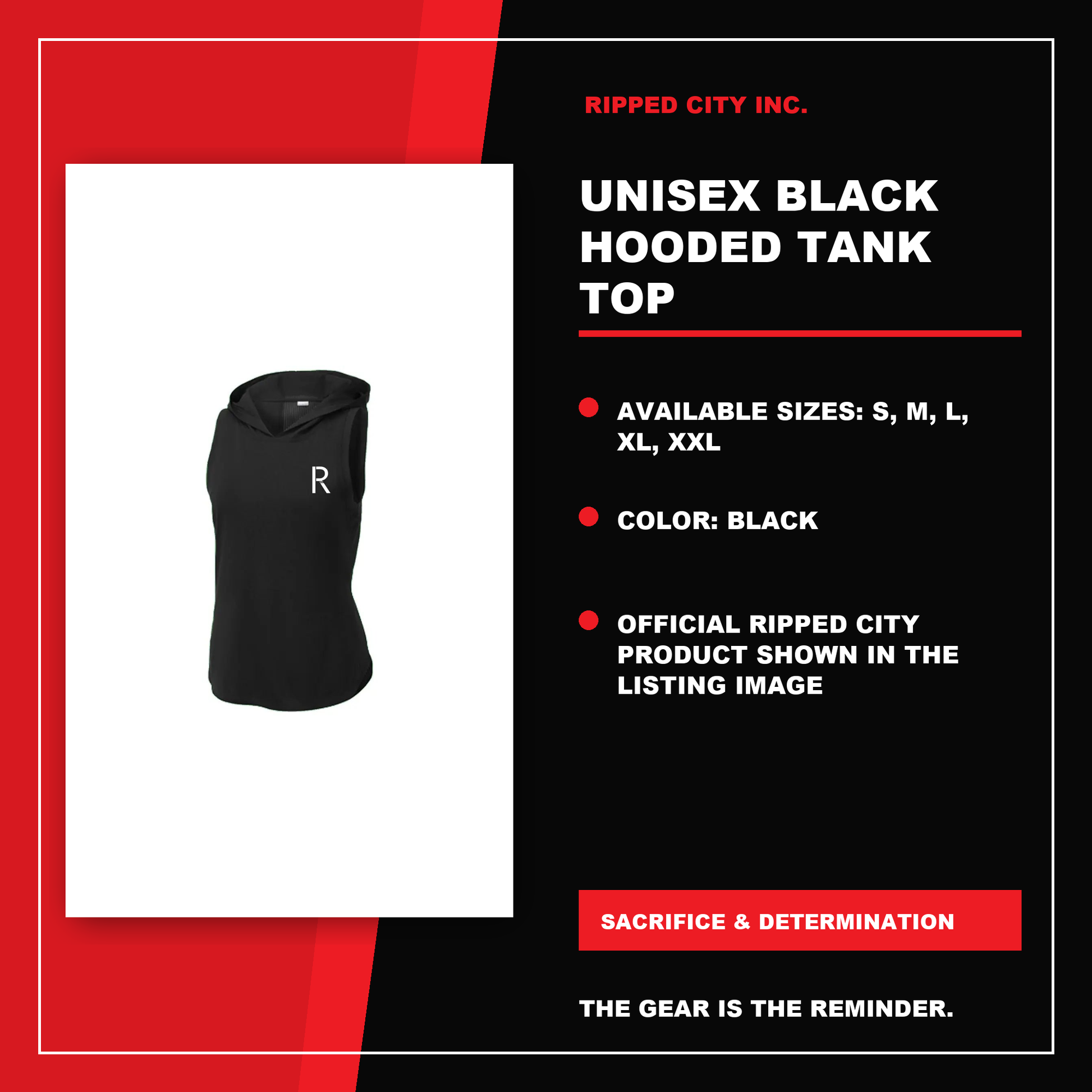 Unisex Black Hooded Tank Top product details with current Ripped City product image, available options and verified listing information - Ripped City Inc premium gym apparel