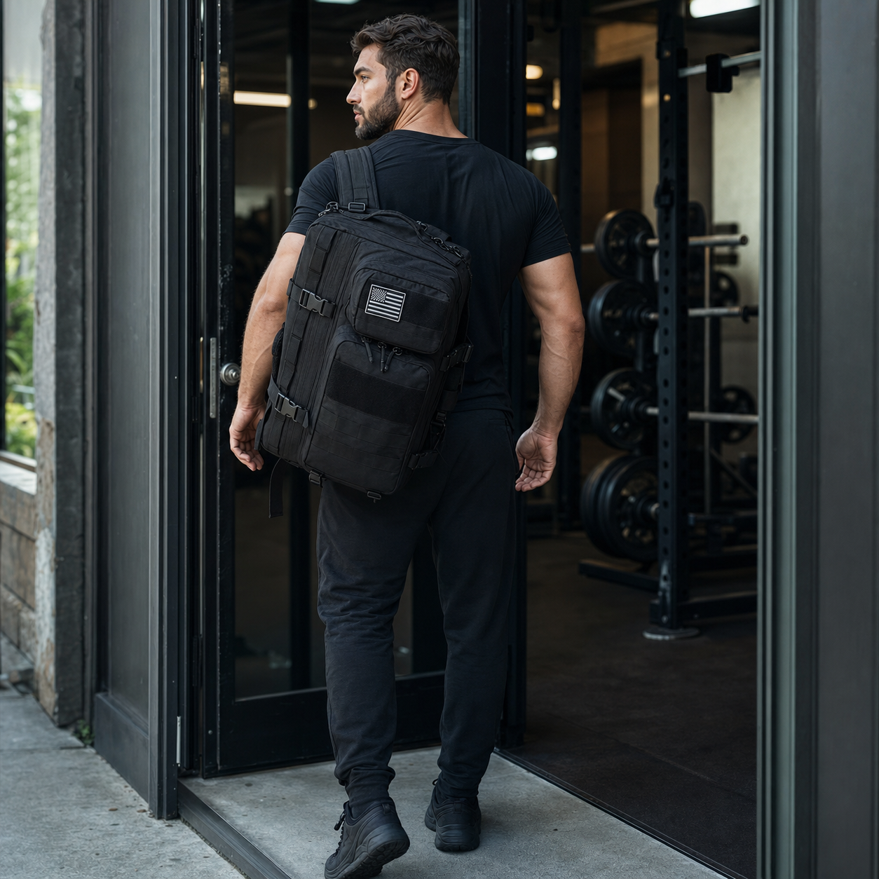 Athlete entering a strength gym carrying the black multi-compartment training backpack - Ripped City Inc premium gym apparel