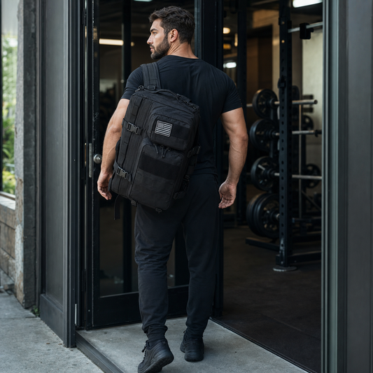 Athlete entering a strength gym carrying the black multi-compartment training backpack - Ripped City Inc premium gym apparel