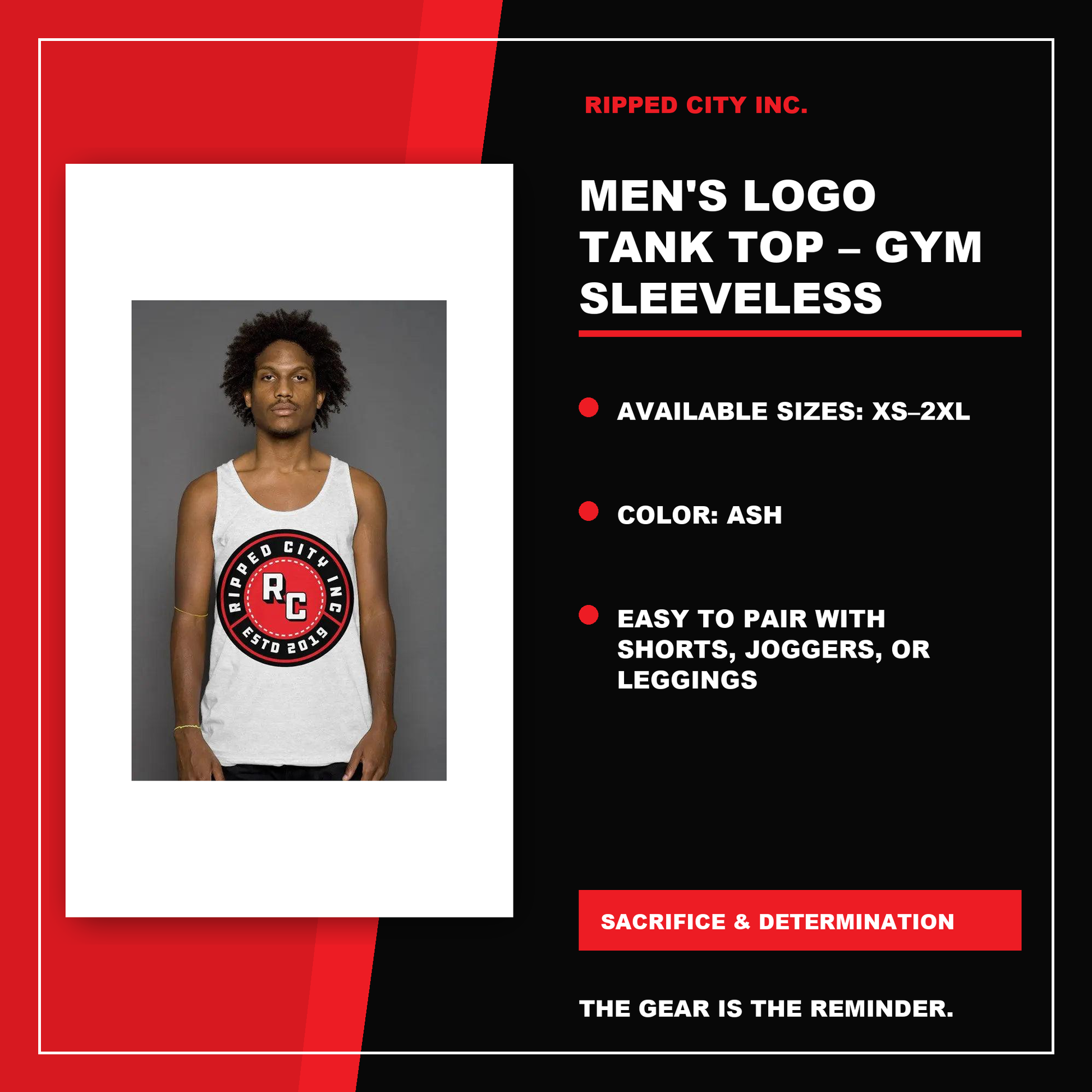 Men's Logo Tank Top – Gym Sleeveless Shirt product details with current Ripped City product image, available options and verified listing information - Ripped City Inc premium gym apparel