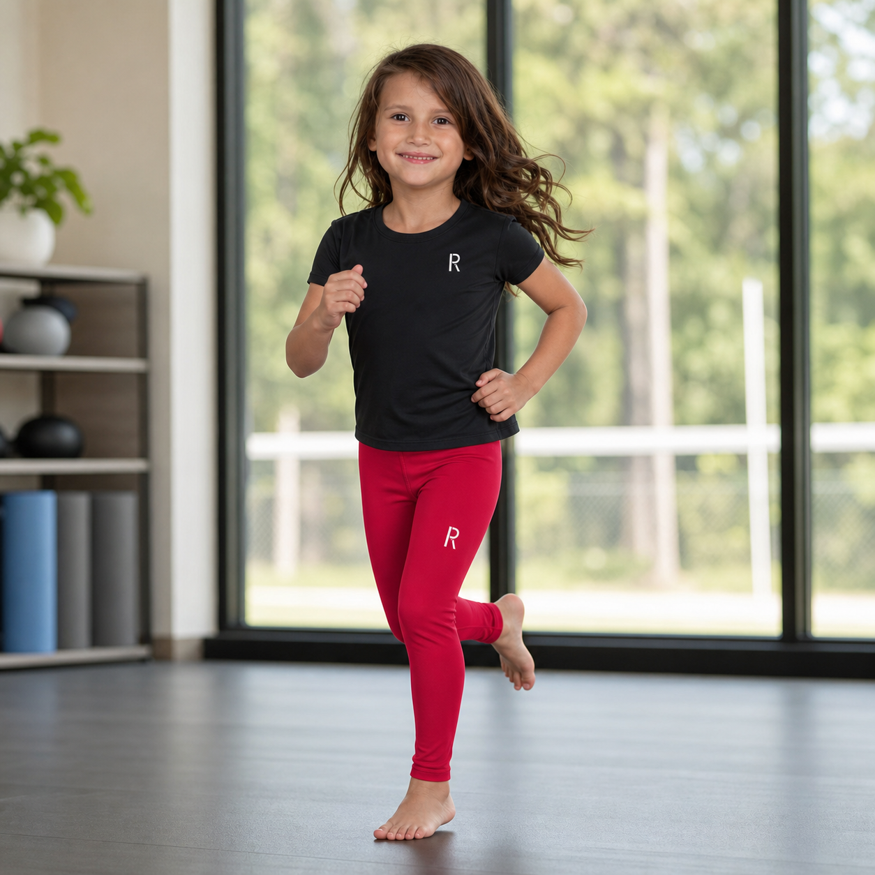 Girls red Ripped City athletic leggings lifestyle image - Ripped City Inc premium gym apparel