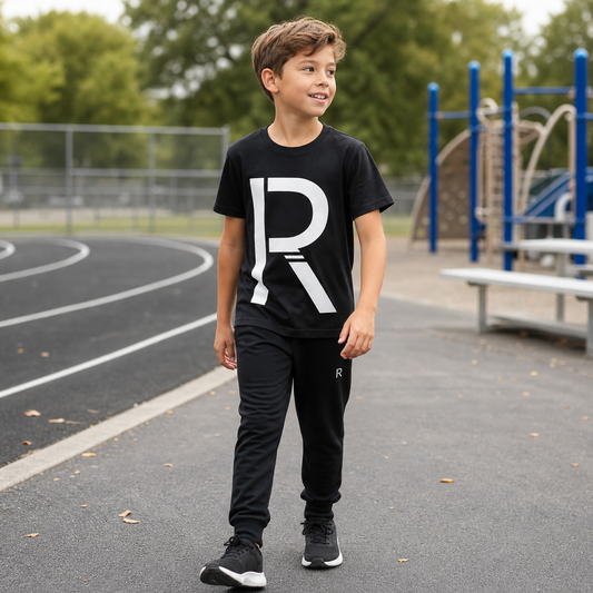 Kids black athletic graphic T-shirt with white Ripped City logo lifestyle image - Ripped City Inc premium gym apparel