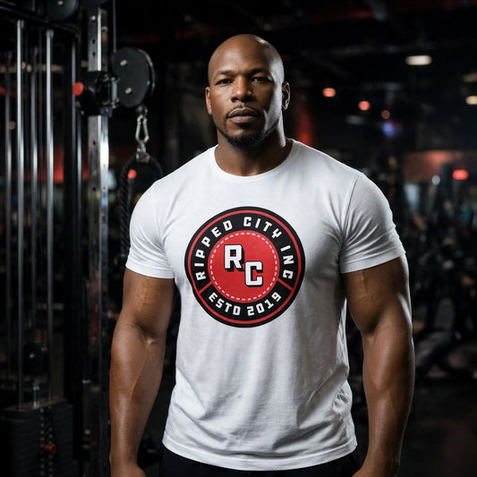 Athletic model in a white Ripped City tee with large RC badge on the chest, gym setting