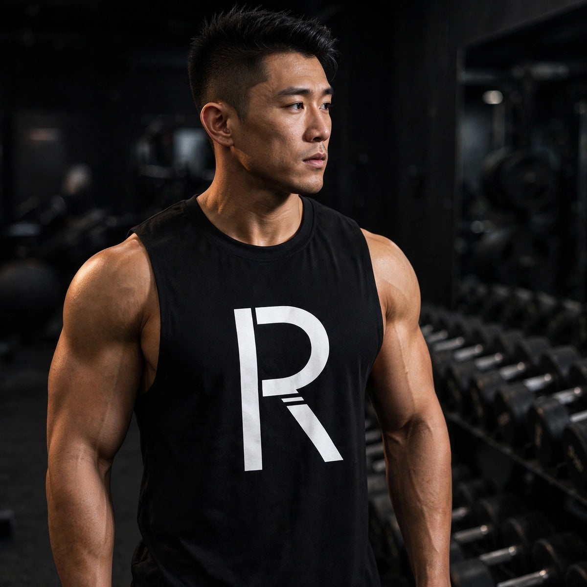 Muscular model in a black Ripped City muscle tank with large white R, gym setting