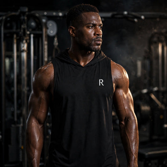 Athletic model in a black Ripped City hoodie tank top with small white R logo, gym scene