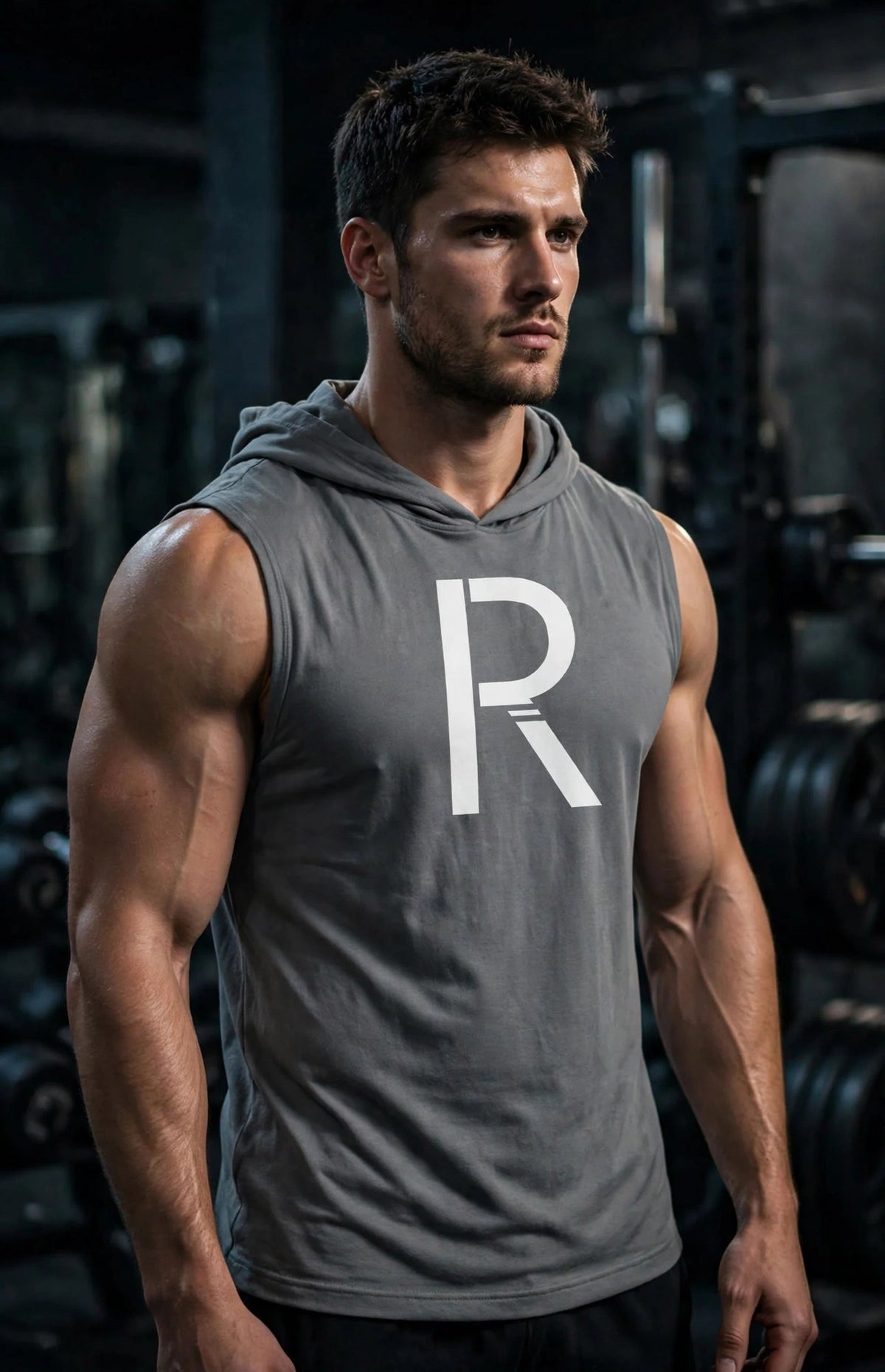 Athletic model in a gray Ripped City sleeveless hoodie with large white R, gym setting