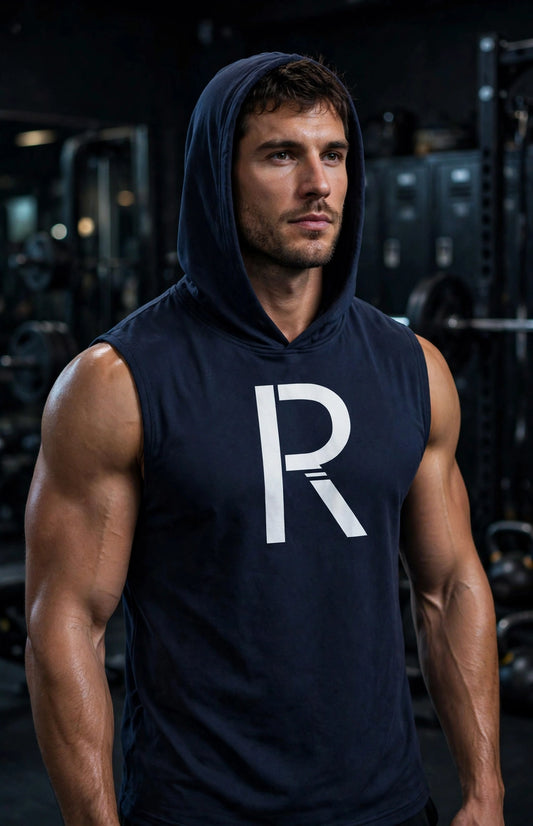 Athletic model in a navy Ripped City sleeveless hoodie with large white R, gym setting