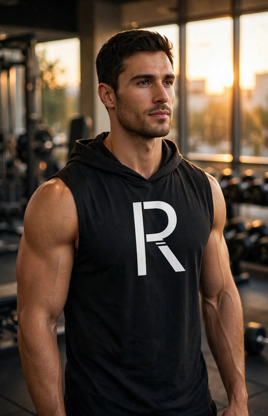 Athletic model in a black Ripped City sleeveless hoodie with large white R, gym setting