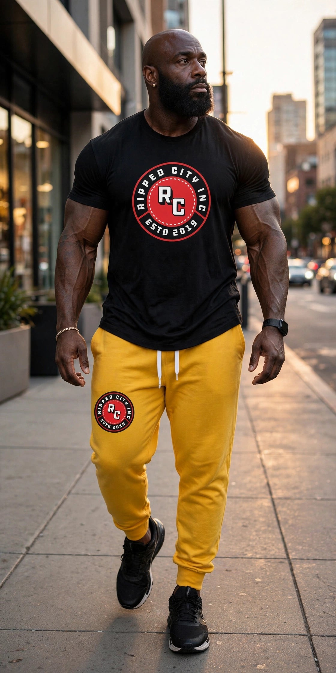 Athletic model in yellow Ripped City joggers with RC badge on the thigh, gym setting