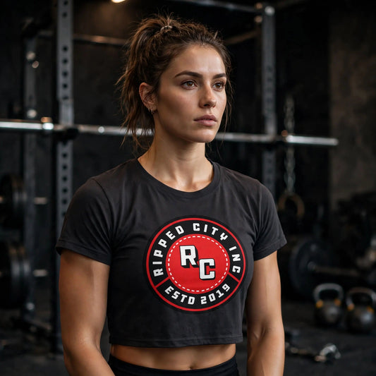 Athletic model in a black Ripped City crop tee with RC badge centered, gym scene