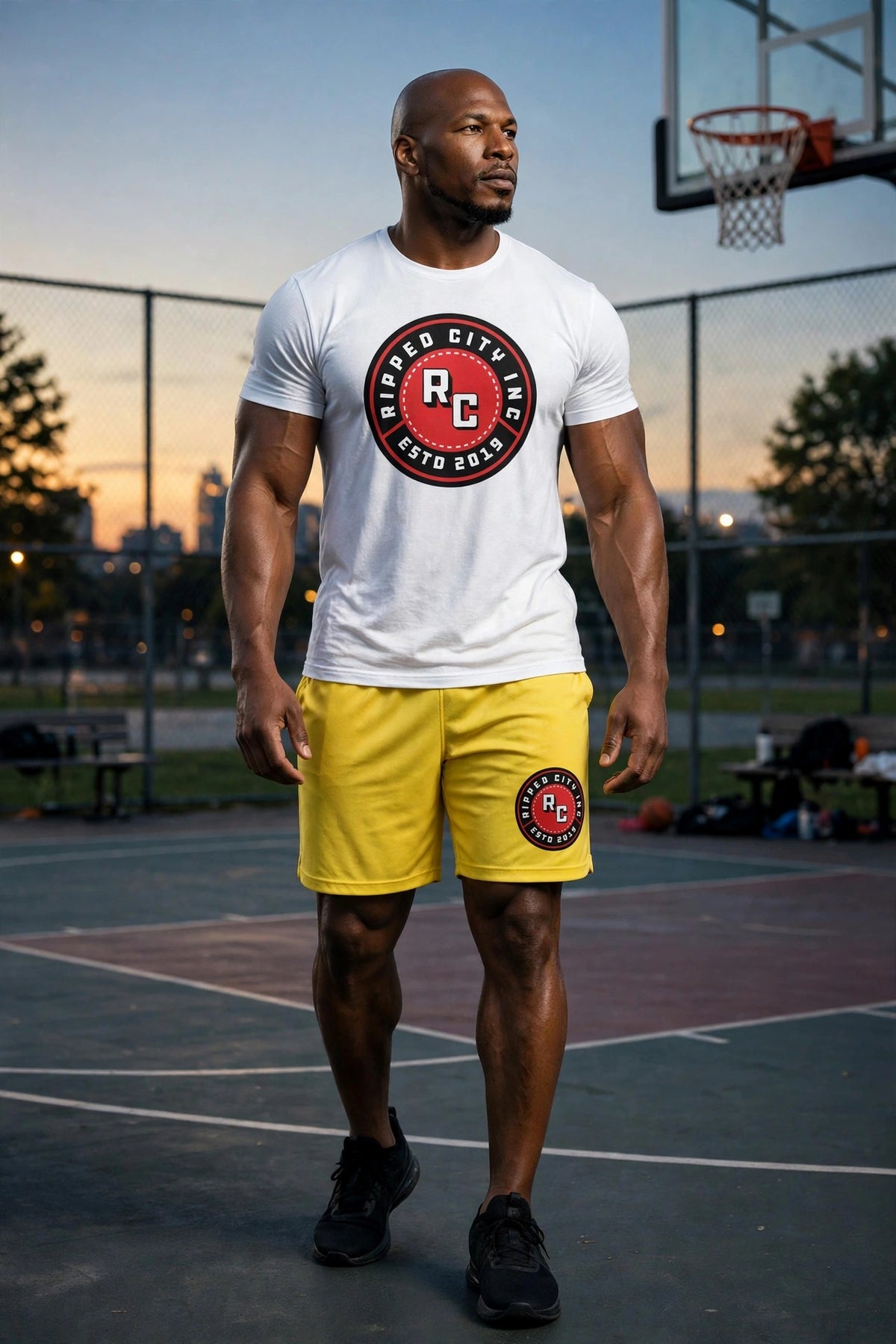Athletic model in yellow Ripped City shorts with RC badge and white logo tee, gym