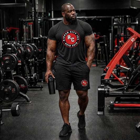Men's black performance shorts with RC badge, worn by athletic model in gym