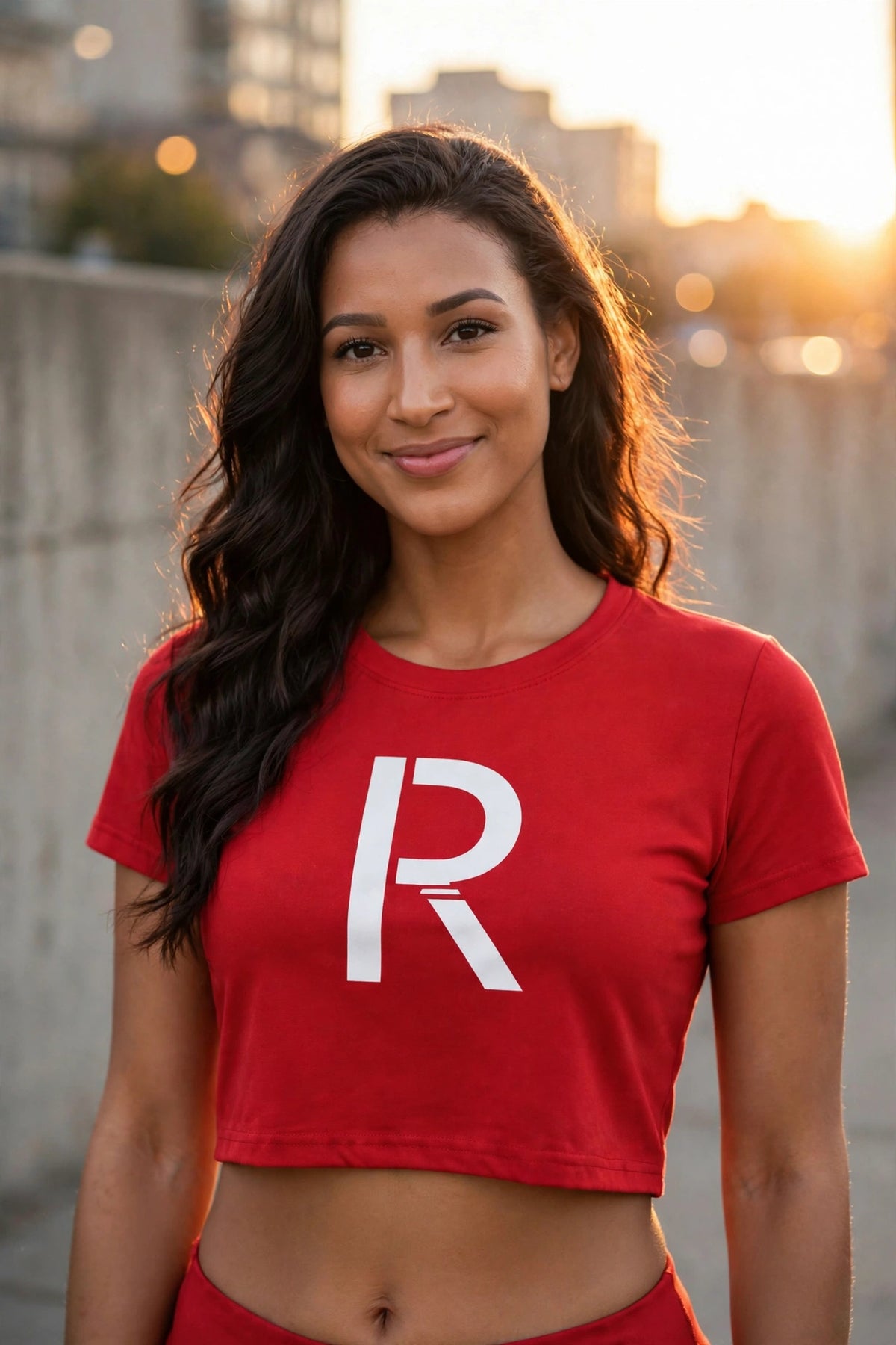 Athletic model in a red Ripped City crop tee with white R centered, gym scene