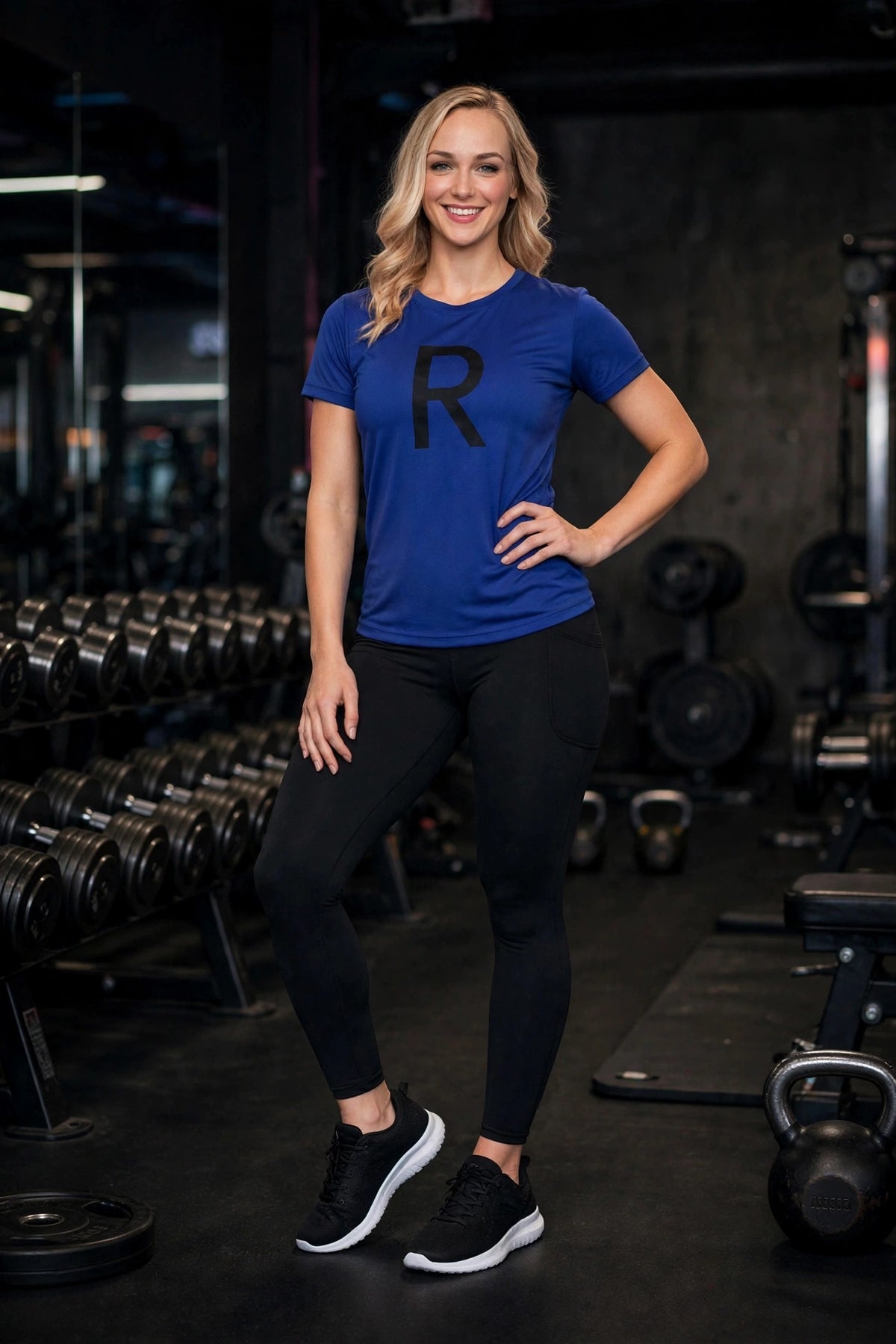 Women's blue bodybuilder tee with black Ripped City R logo, worn by athletic model in gym