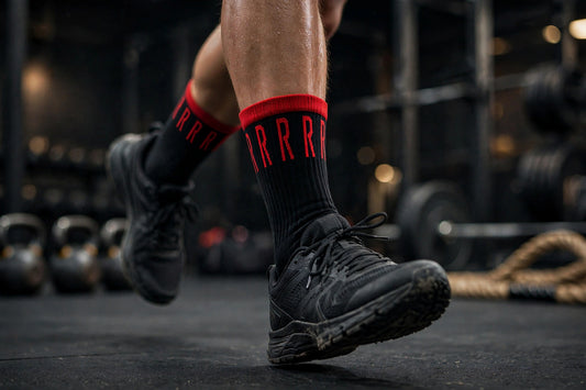 Black athletic crew socks with red R pattern cuff