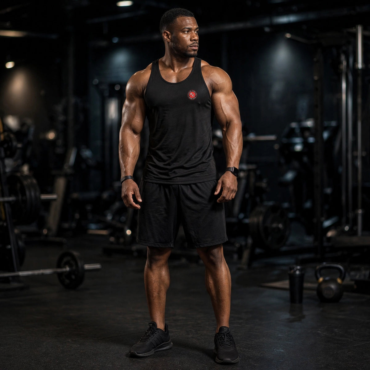 Athletic model in black Ripped City gym shorts with RC badge on the leg, gym scene