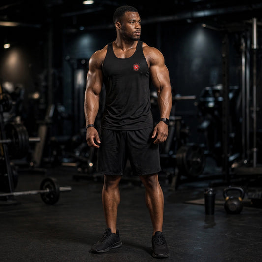 Athletic model in black Ripped City gym shorts with RC badge on the leg, gym scene