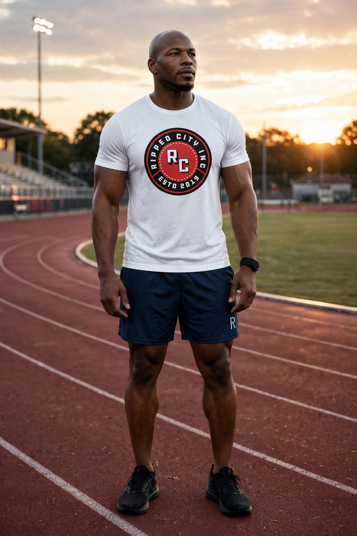 Athletic model in navy Ripped City gym shorts with white R on the leg, gym scene