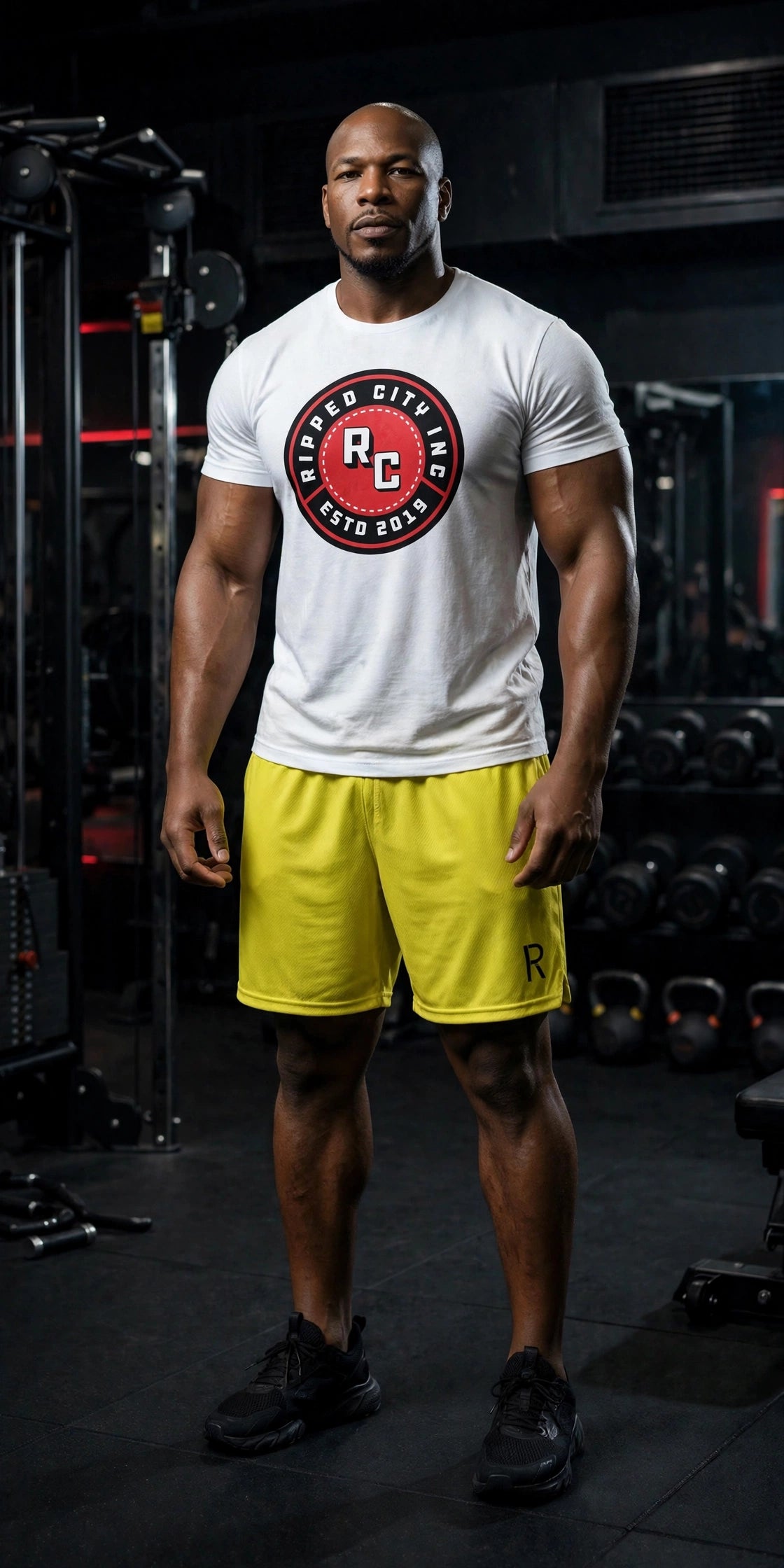 Athletic model in yellow Ripped City gym shorts with black R on the leg, gym scene