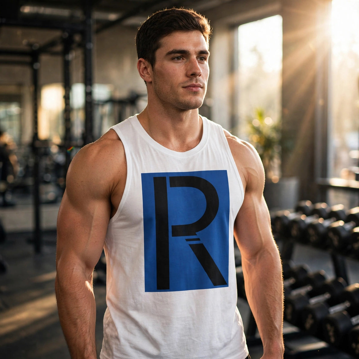 Muscular model in a white Ripped City muscle tank with blue-square R logo, gym setting