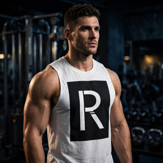Muscular model in a white Ripped City muscle tank with black-square R logo, gym setting