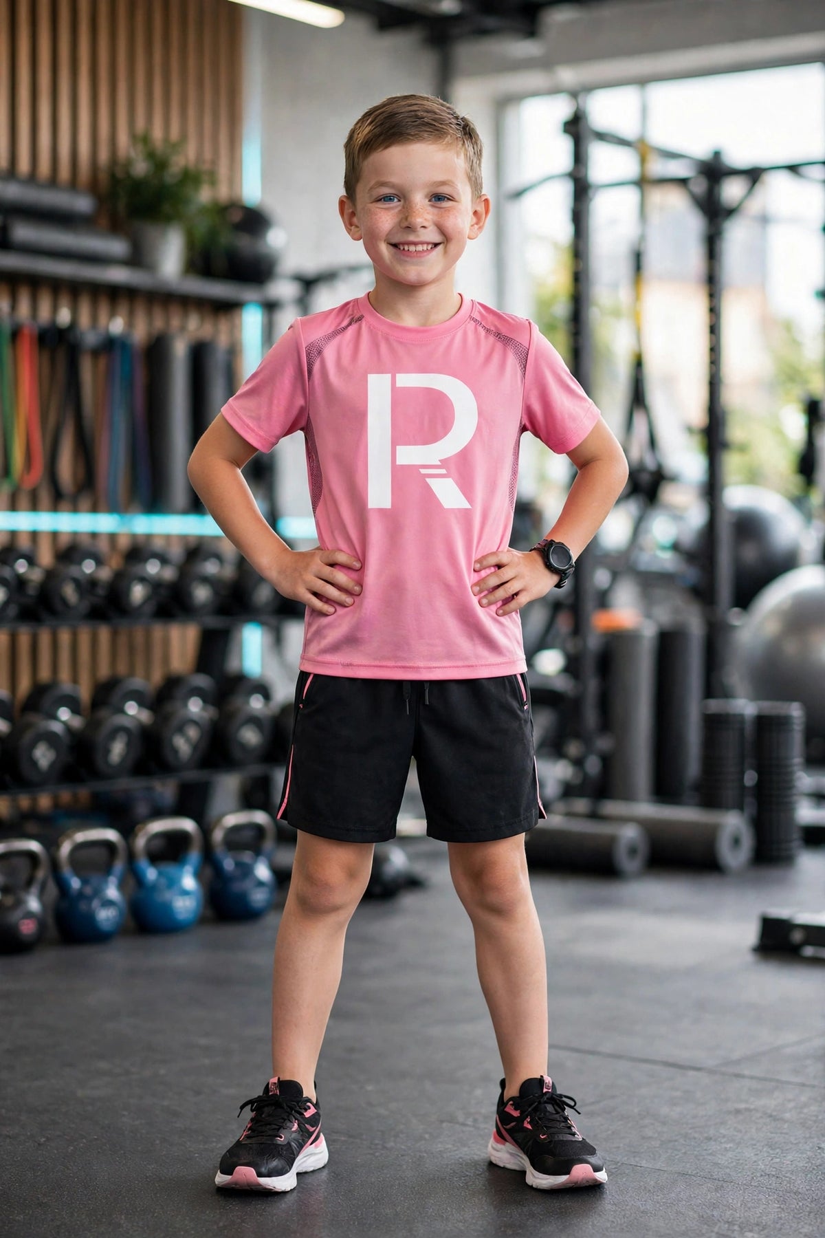 Kids' pink fitness tee with white Ripped City R logo, worn by young athletic model