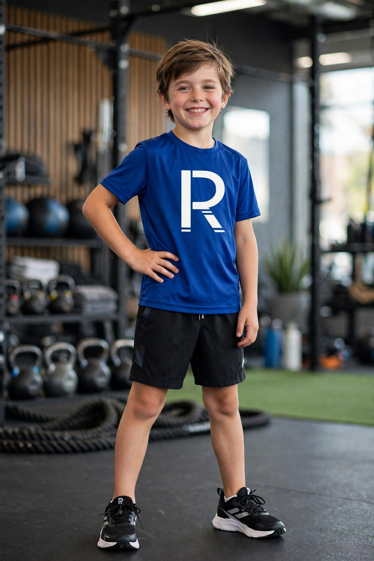 Kids' blue athletic tee with white Ripped City R logo, worn by young athletic model