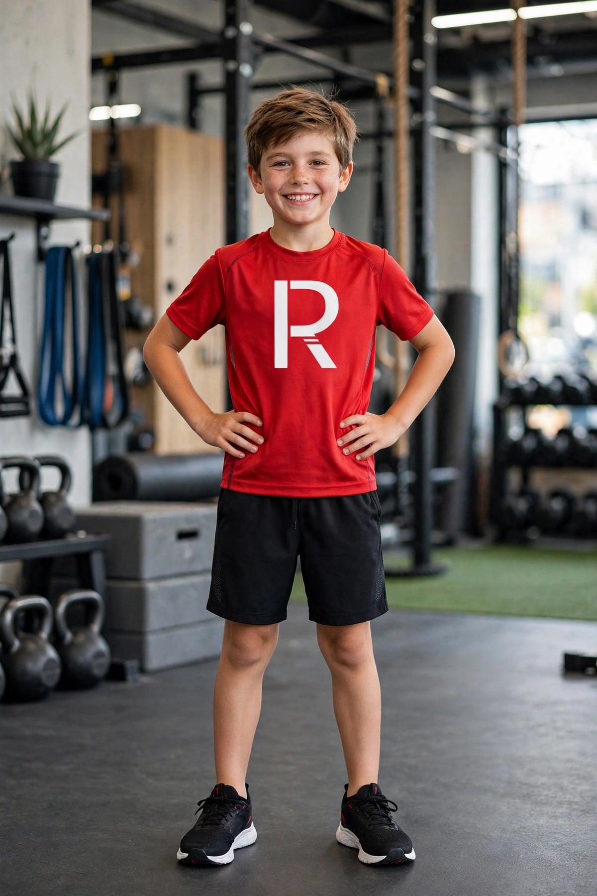 Kids' red logo tee with white Ripped City R logo, worn by young athletic model
