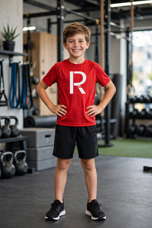 Kids' red logo tee with white Ripped City R logo, worn by young athletic model