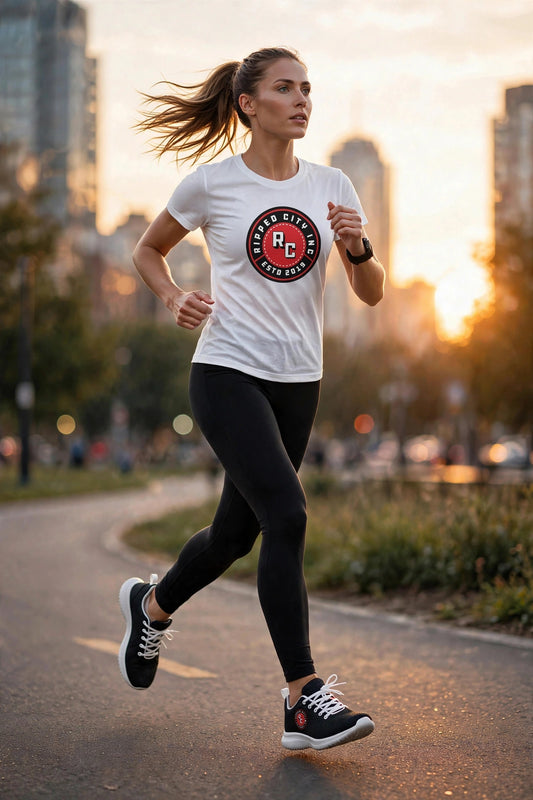 Athletic model in Ripped City breathable gym sneakers and white logo tee, gym setting