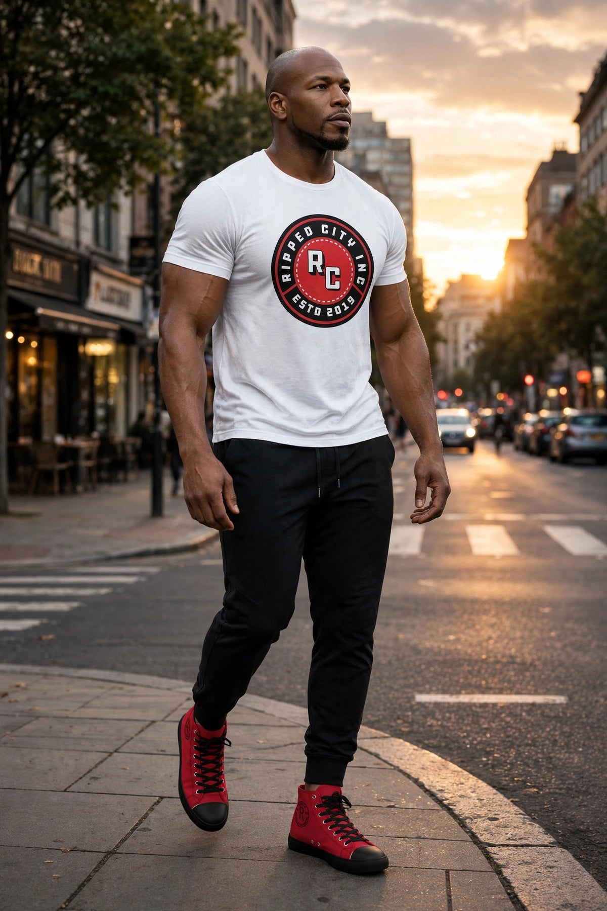 Athletic model in red Ripped City high-top sneakers with circular RC badge, gym setting