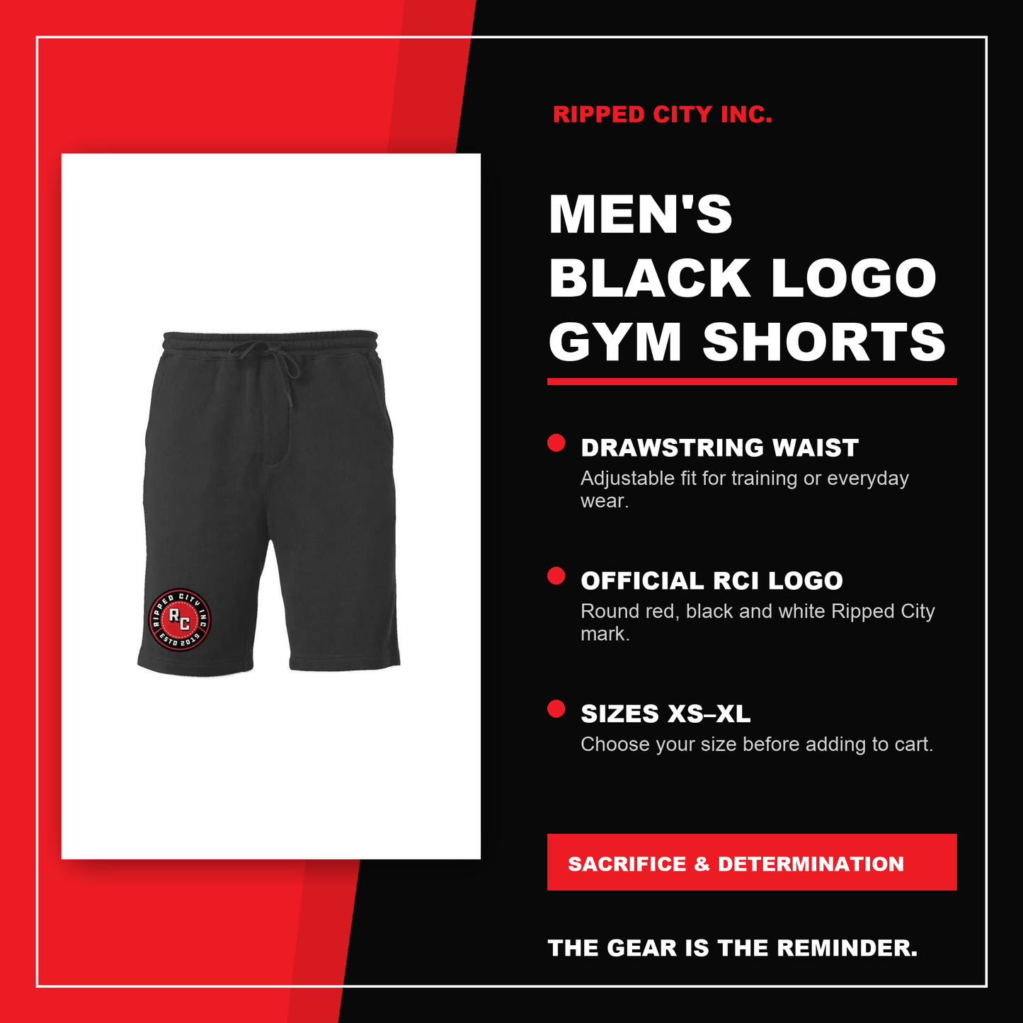 Men black Ripped City logo gym shorts product details with drawstring waist, official RCI logo and sizes XS through XL - Ripped City Inc premium gym apparel