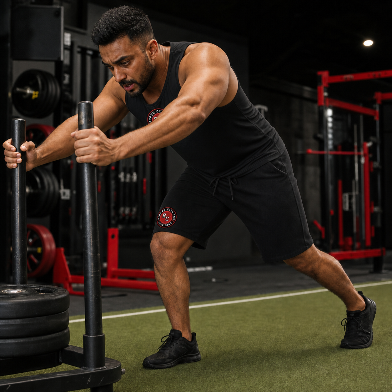 Muscular strength athlete wearing a complete Ripped City training outfit with men's black logo gym shorts - Ripped City Inc premium gym apparel