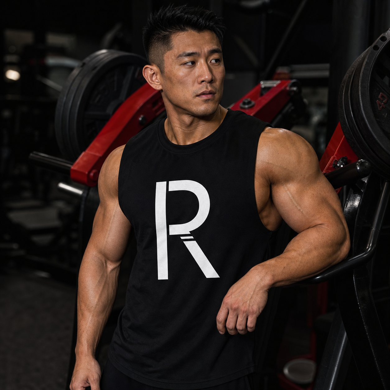 Muscular bodybuilder wearing the Ripped City men's black performance tank top - Ripped City Inc premium gym apparel