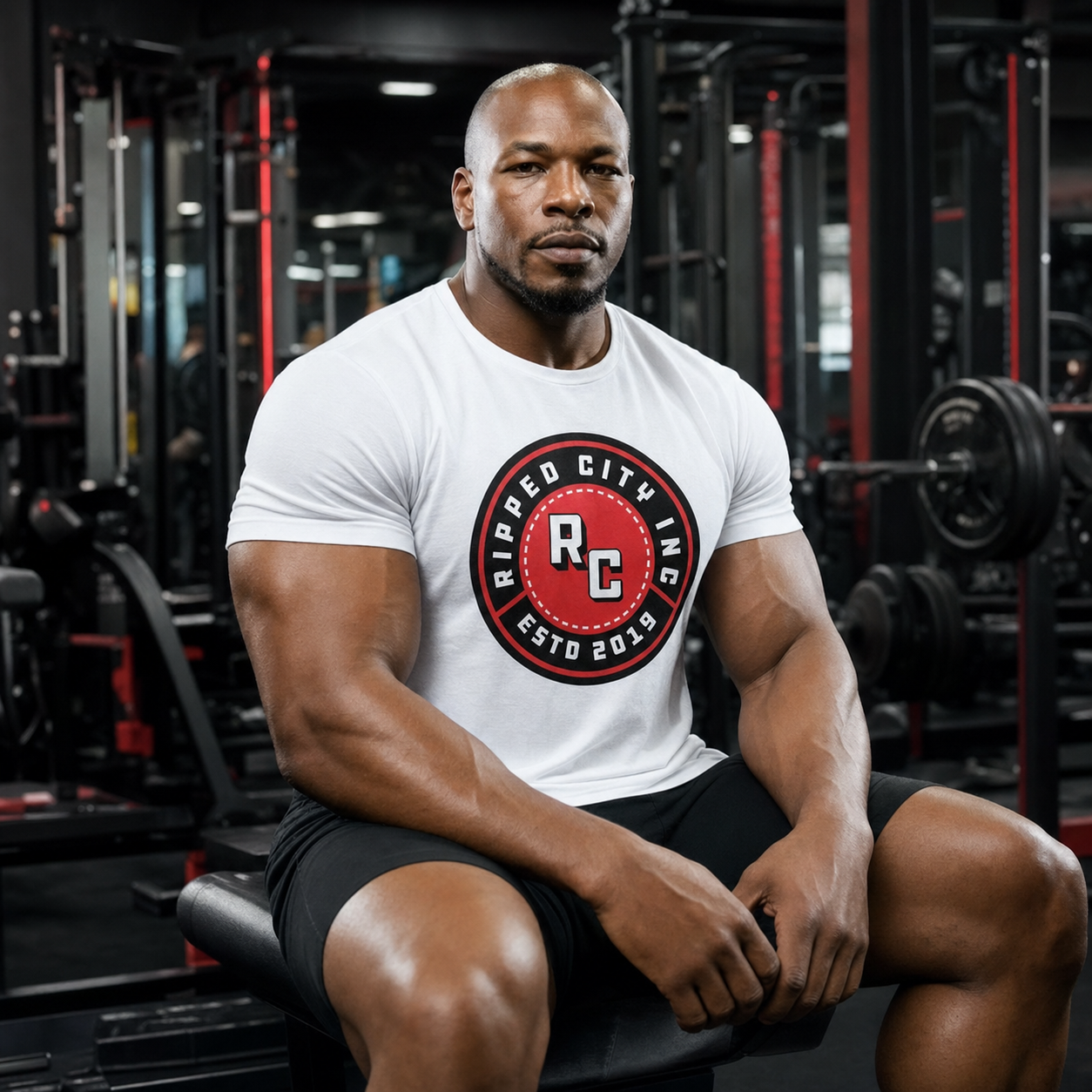 Tyrone wearing the Ripped City men's elite workout T-shirt in the gym - Ripped City Inc premium gym apparel