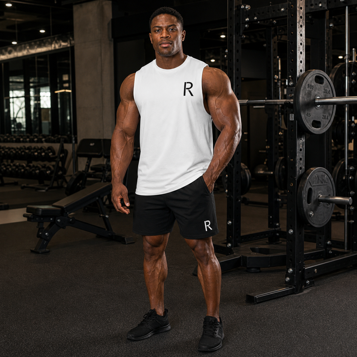 Muscular bodybuilder wearing the white Ripped City gym tank with coordinated black RCI training shorts - Ripped City Inc premium gym apparel