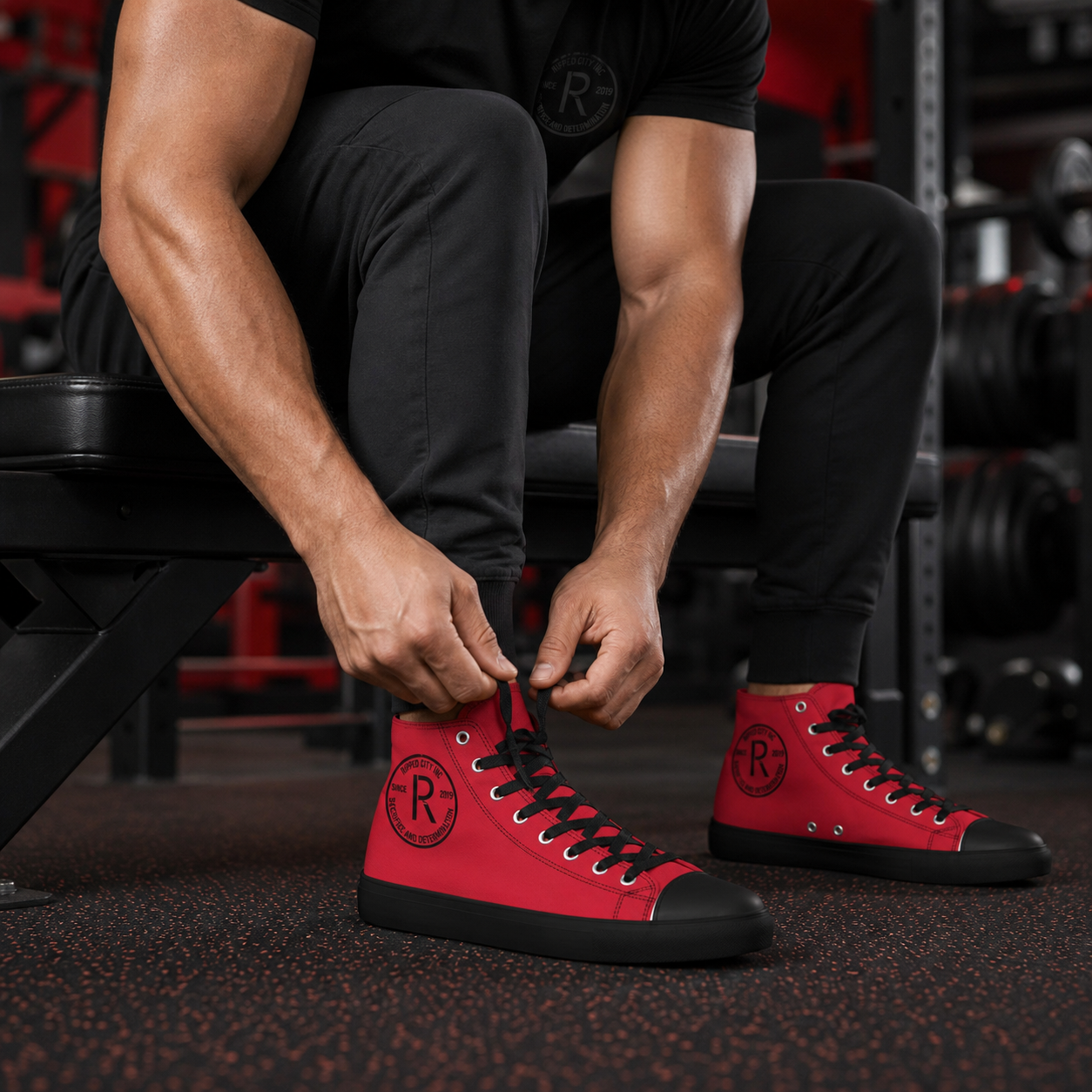Men's red Ripped City high-top gym sneakers lifestyle image
