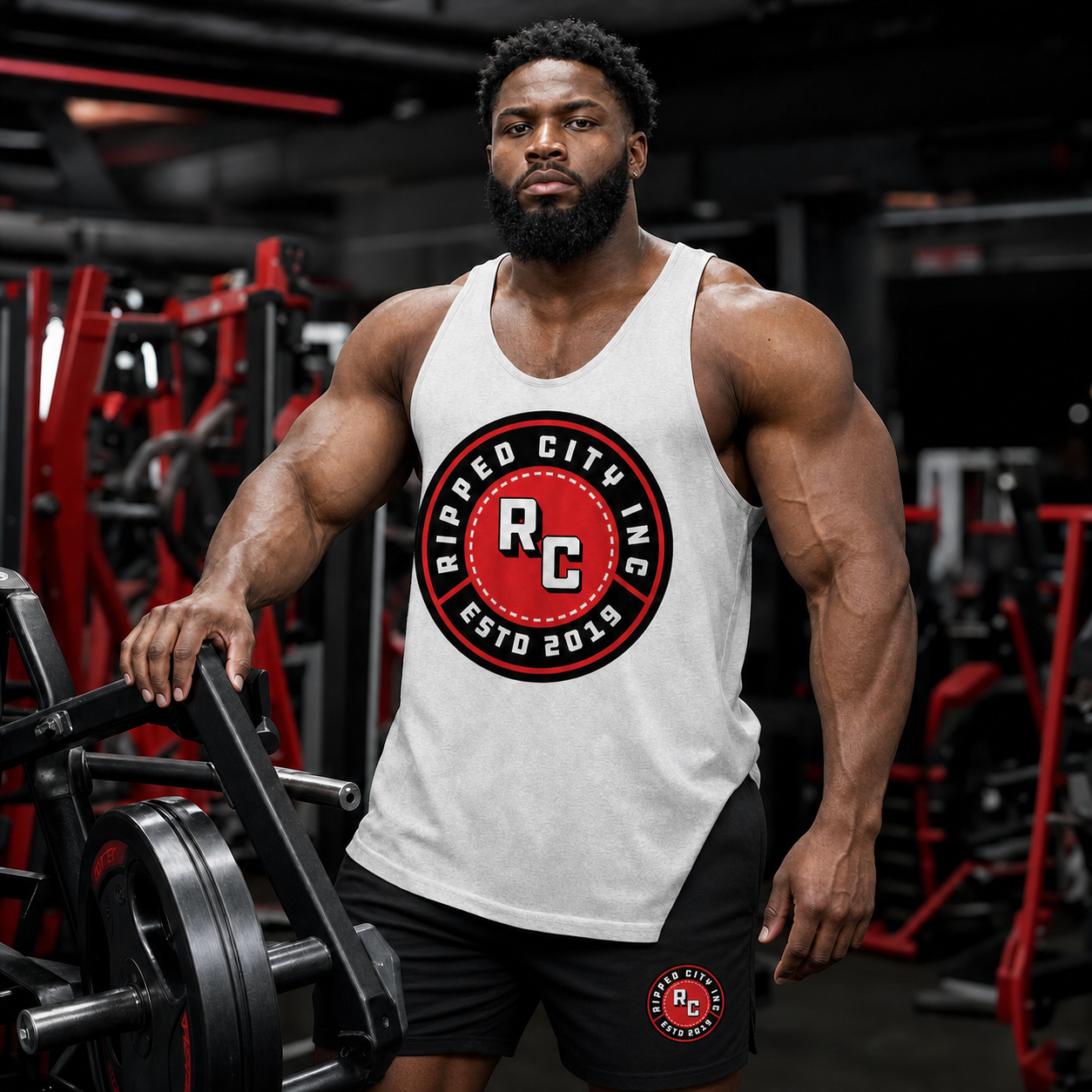Muscular bodybuilder wearing a coordinated Ripped City logo tank and training shorts outfit - Ripped City Inc premium gym apparel
