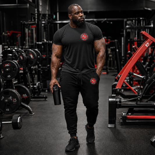 Muscular athlete wearing a complete Ripped City gym outfit with men's premium athletic joggers - Ripped City Inc premium gym apparel
