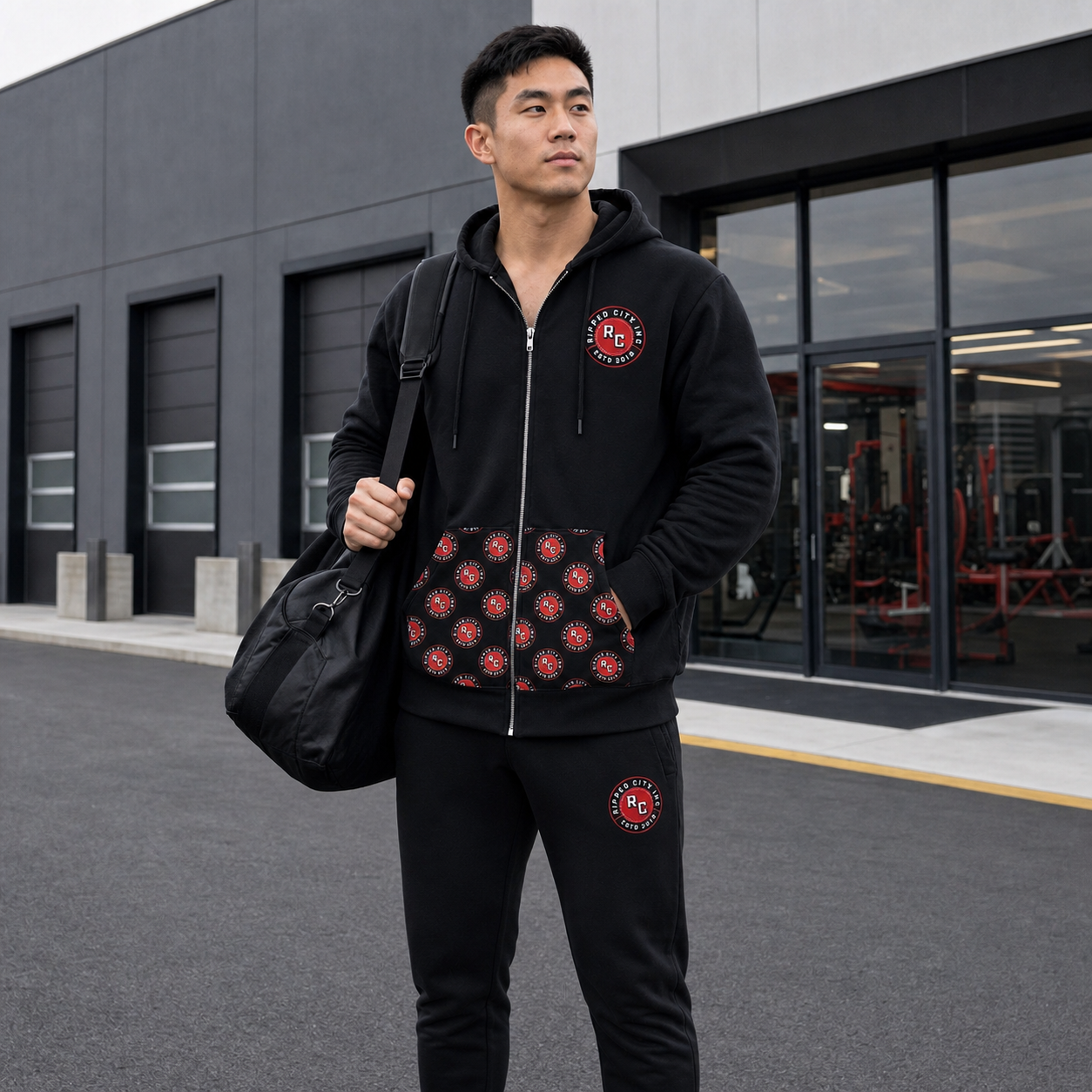 Athletic man wearing a coordinated Ripped City hoodie and jogger outfit - Ripped City Inc premium gym apparel