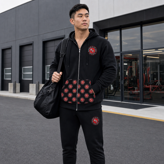 Athletic man wearing a coordinated Ripped City hoodie and jogger outfit - Ripped City Inc premium gym apparel