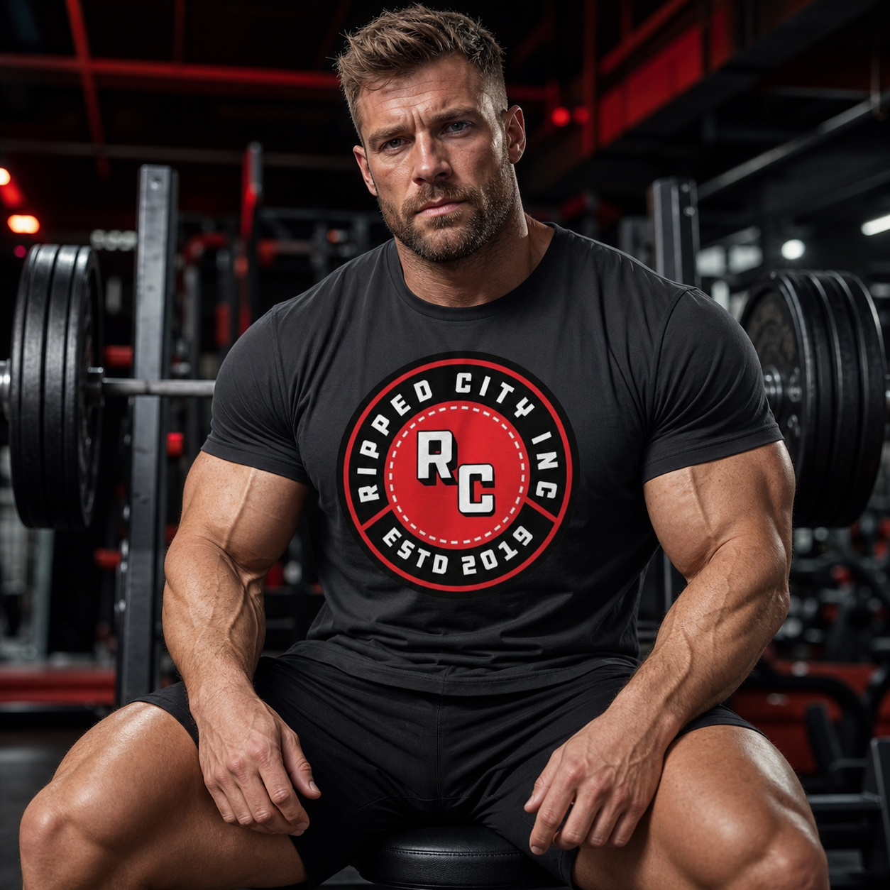 Muscular athlete wearing the Ripped City men's bodybuilding workout T-shirt in a modern gym