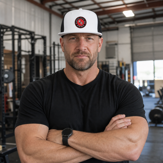 Muscular fitness coach wearing the Ripped City men's black and white trucker hat - Ripped City Inc premium gym apparel
