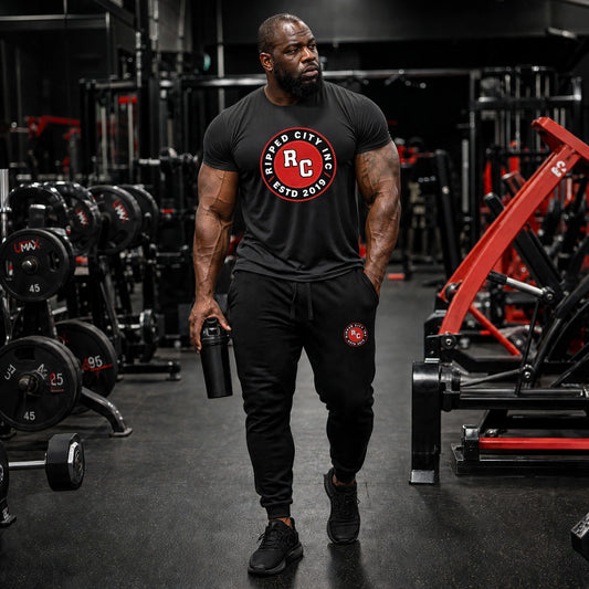 Athletic model in a black Ripped City tee and black joggers with red RC badge, gym scene