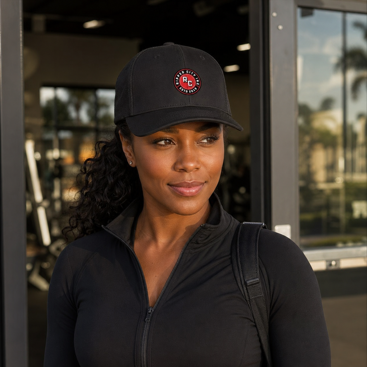 Athletic woman wearing the Ripped City premium black snapback gym cap - Ripped City Inc premium gym apparel