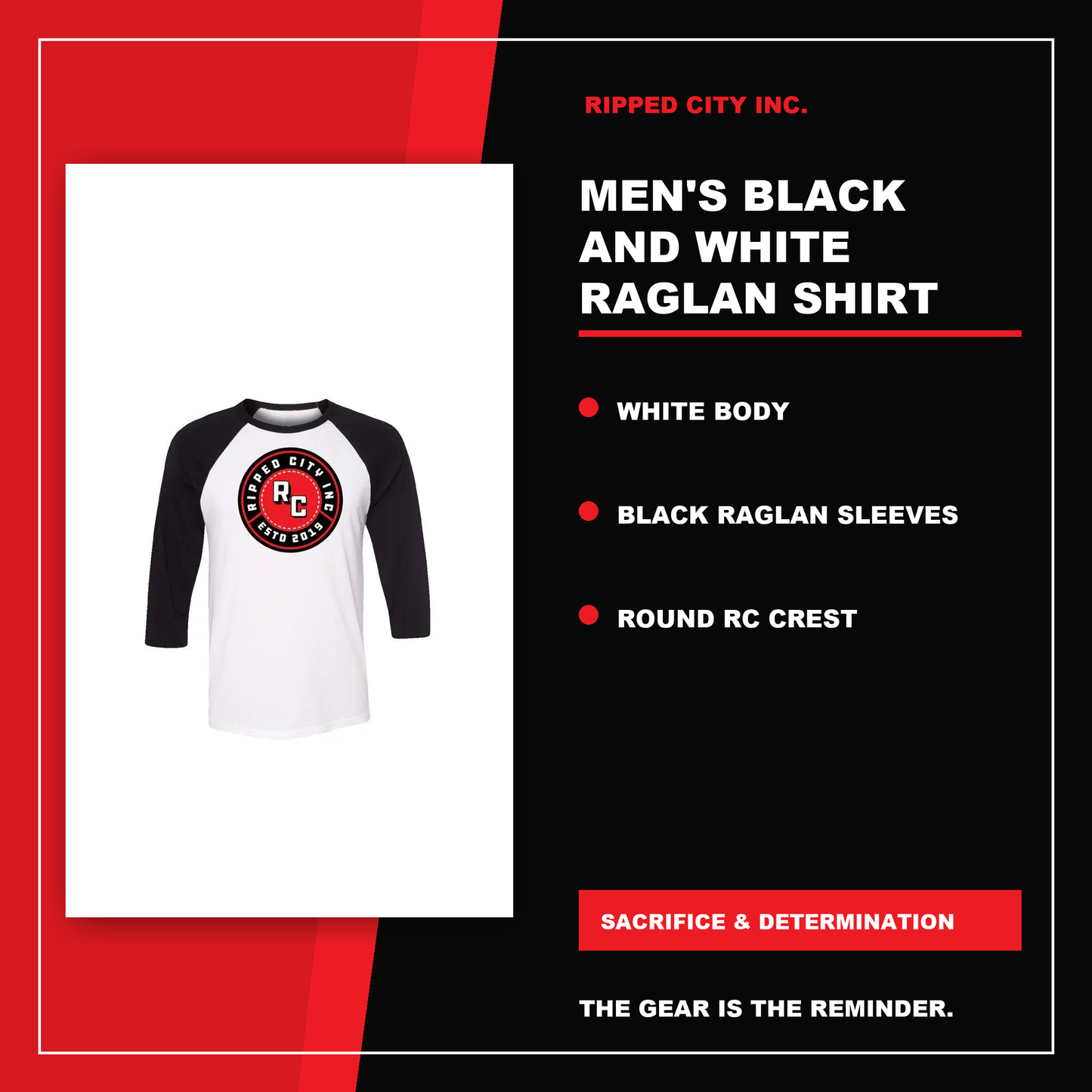 Men's Black and White Raglan Shirt product details with current Ripped City product image, available options and verified listing information - Ripped City Inc premium gym apparel
